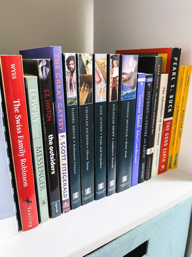 a shelf with several high school literature books