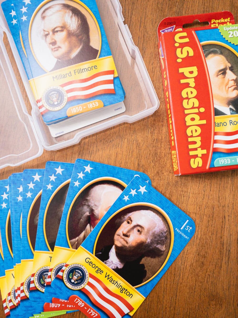 united states presidents flash cards spread out on a desk