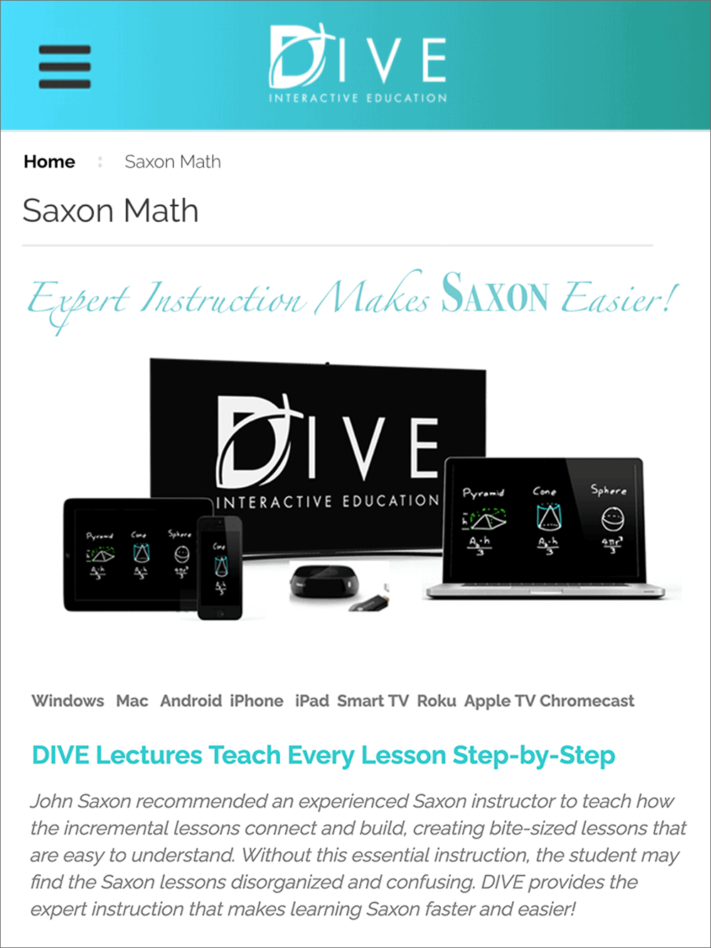 dive interactive education lessons for saxon math